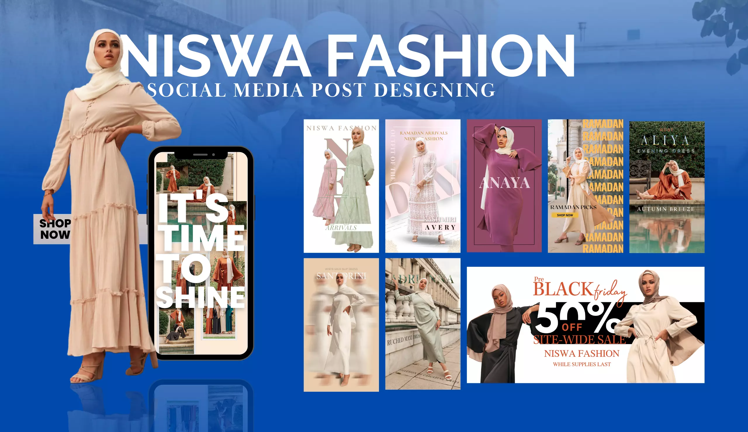 design production for niswa fashion, creative engine has provided design services to international brand located in the US with social media designs, social media reels, newsletter creations and social media marketing