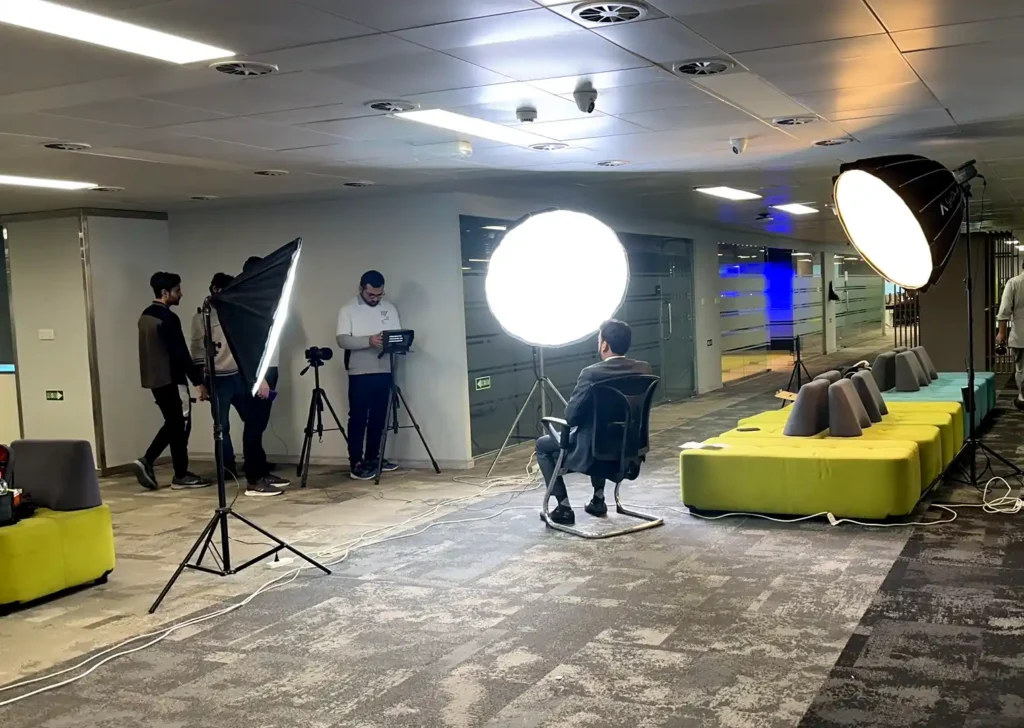 creative engine corporate executive shoot with teleprompter, lighting, cew, direction